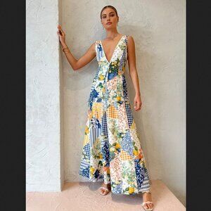 Commense Floral Patchwork Maxi Dress - Blue, Yellow, White